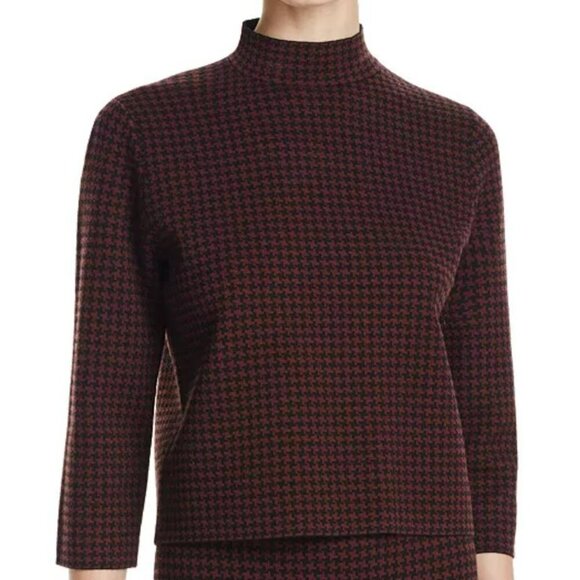 Theory Harmona Houndstooth Printed‎ Burgundy Wool Mock Neck Top Sweater Size S - Picture 2 of 12